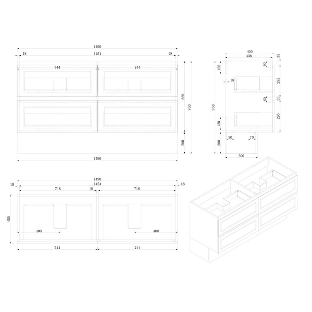 marland floor mount vanity 1500mm double basin top, matte white