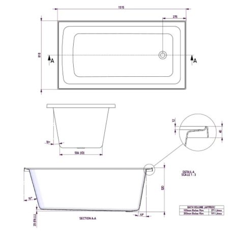 shenseki inset bath, acrylic white 1500mm