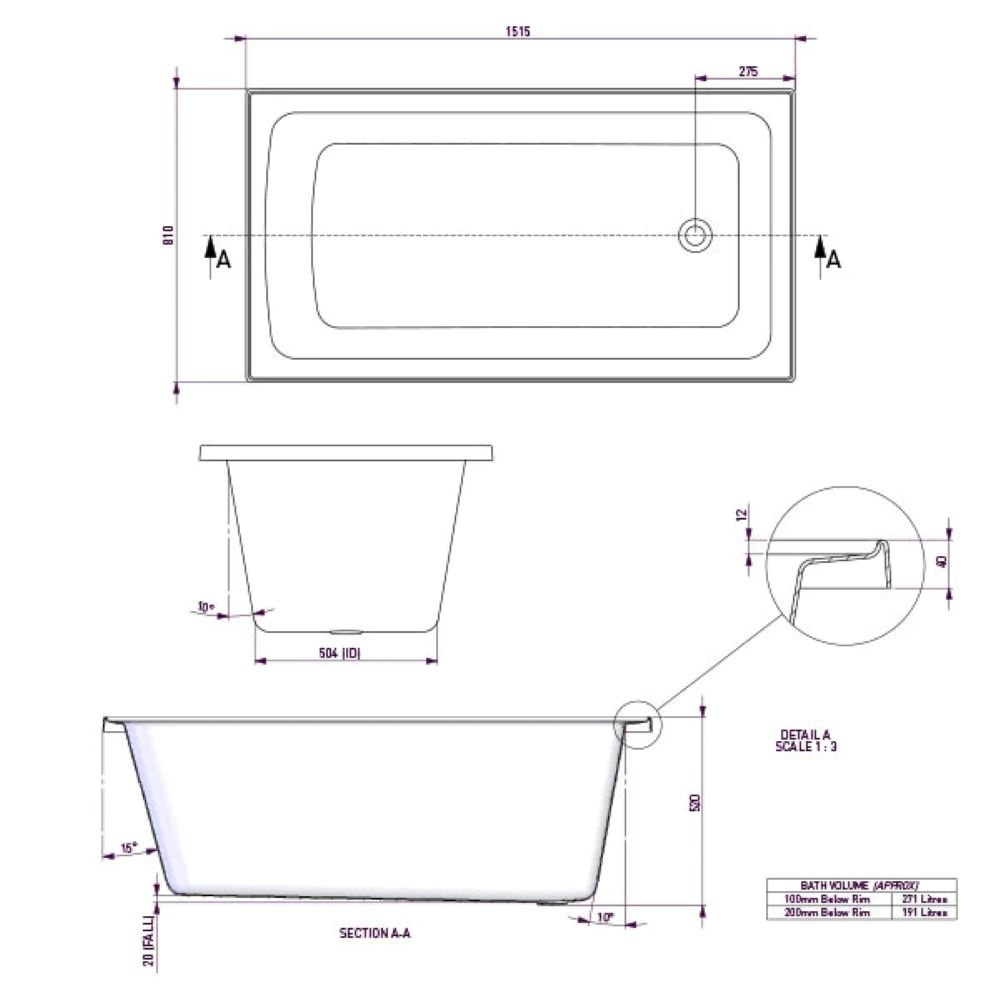 shenseki inset bath, acrylic white 1500mm