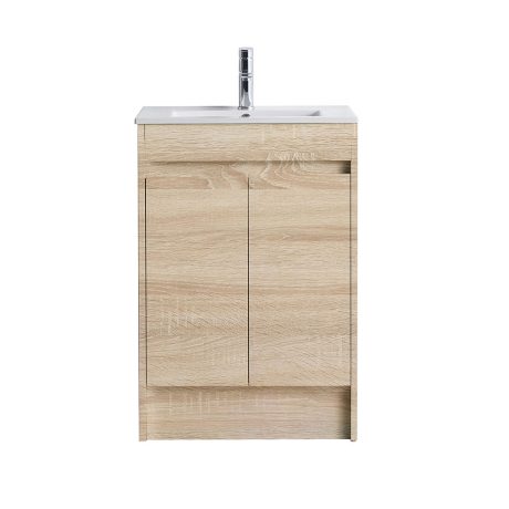 legna floor mount single basin vanity, natural oak 0600mm with polymarble top 02060