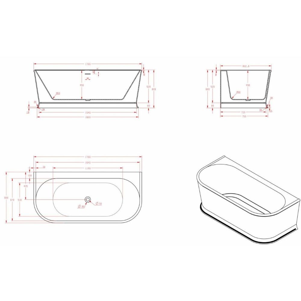 westminster back to wall freestanding bath, gloss white 1700mm