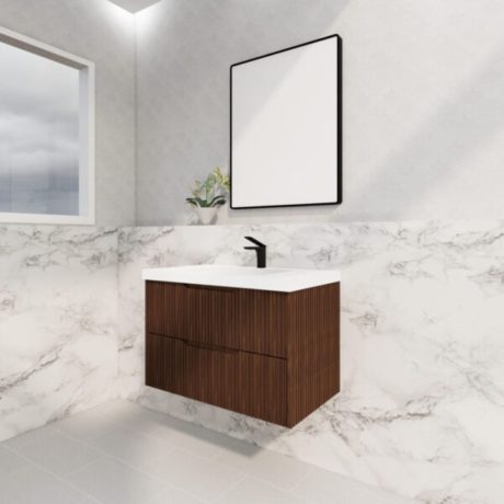 bali wall hung fluted vanity, brown oak 0900mm cabinet only