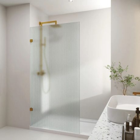 frameless walk in fluted glass shower panel with brackets, light gold 1200mm