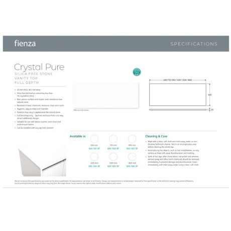 fienza crystal pure silica free stone vanity benchtop, rectangular full depth 0600mm
