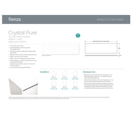 fienza crystal pure silica free stone vanity benchtop, rectangular ensuite depth 1205mm