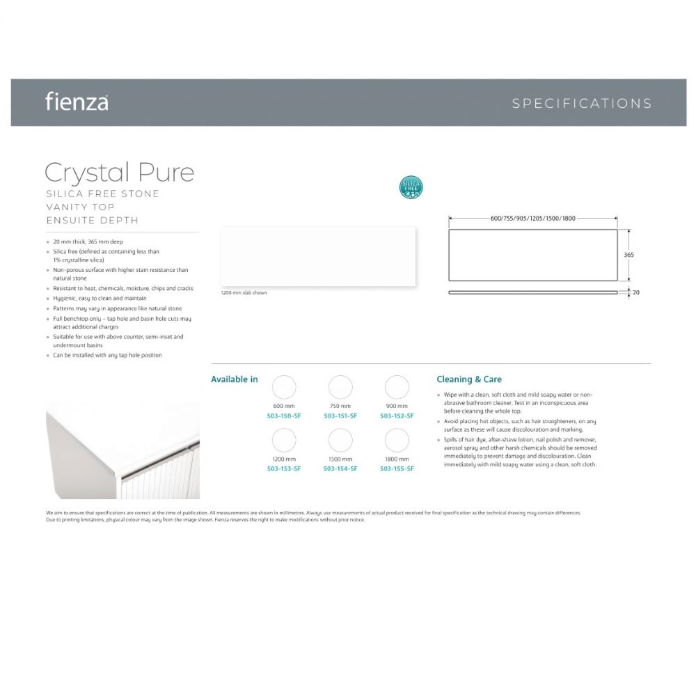 fienza crystal pure silica free stone vanity benchtop, rectangular ensuite depth 1205mm