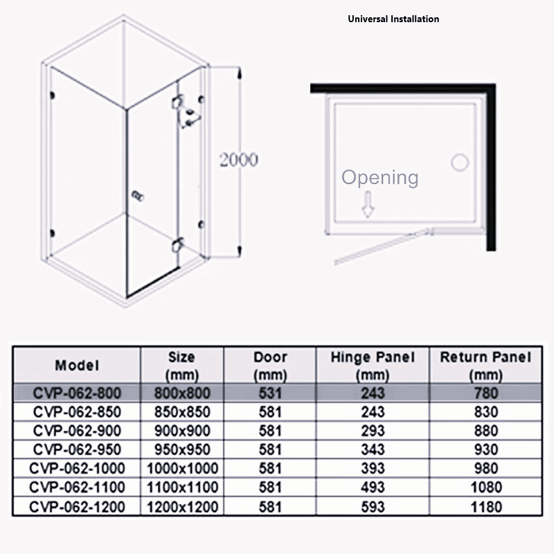 frameless square corner shower screen with hinge door, gun metal 1100 x 1100mm