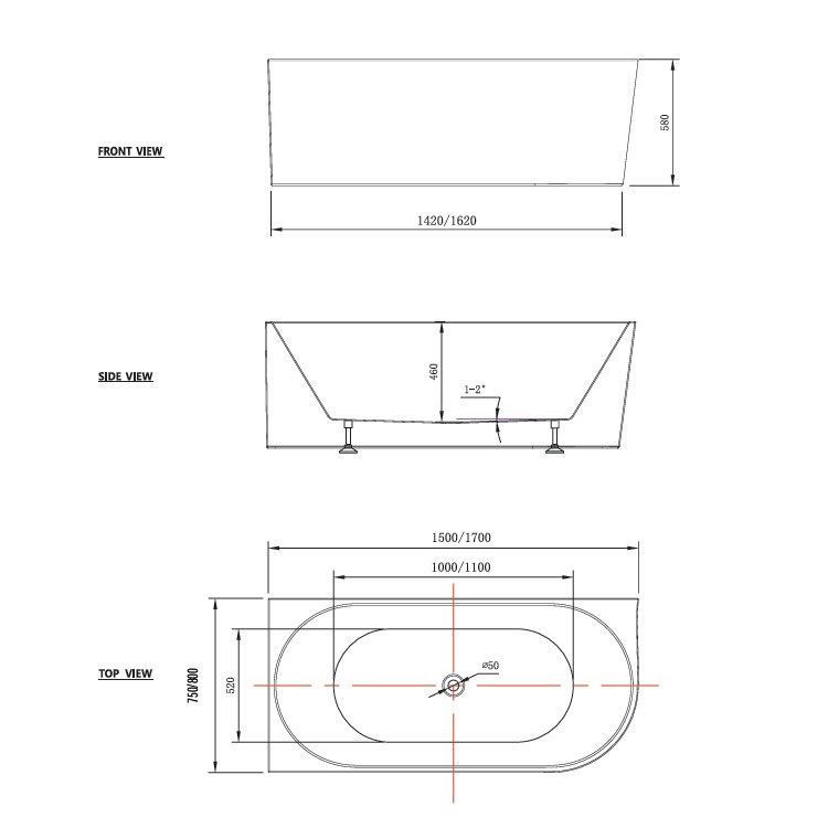mila freestanding corner bathtub, 1700l