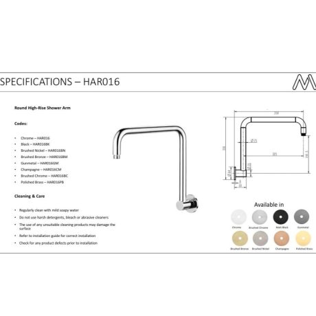 high rise round shower arm, champagne