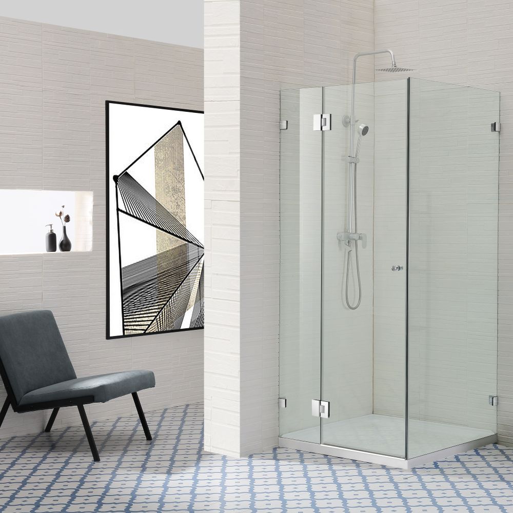frameless square corner shower screen with hinge door, chrome 0800 x 0800mm