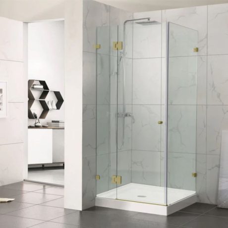 frameless square corner shower screen with hinge door, brushed gold 0800 x 0800mm