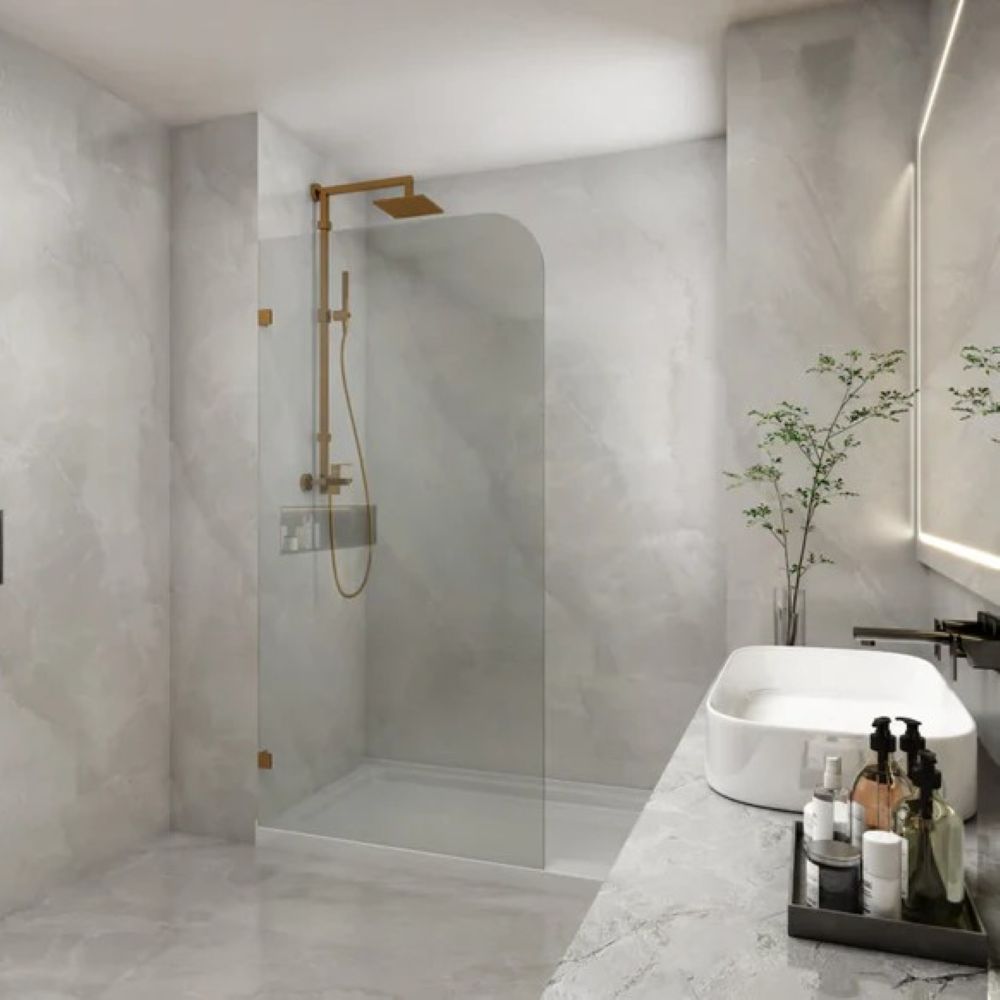 frameless curved corner single panel ub shower screen, light gold 1000mm
