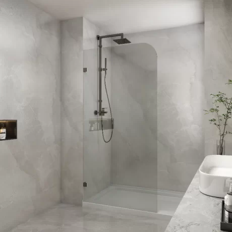 frameless curved corner single panel ub shower screen, matte black 1200mm