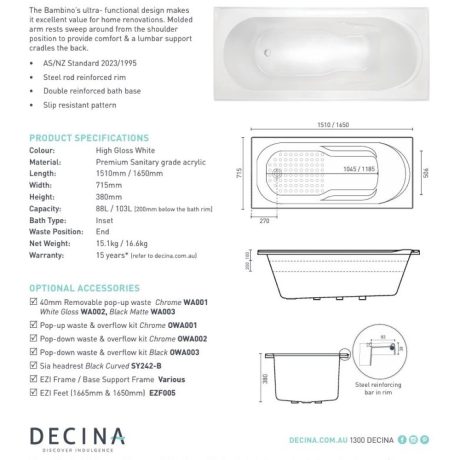 bambino inset bath, gloss white 1600mm