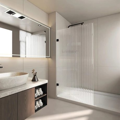frameless walk in fluted glass shower panel with brackets, gun metal 0900mm