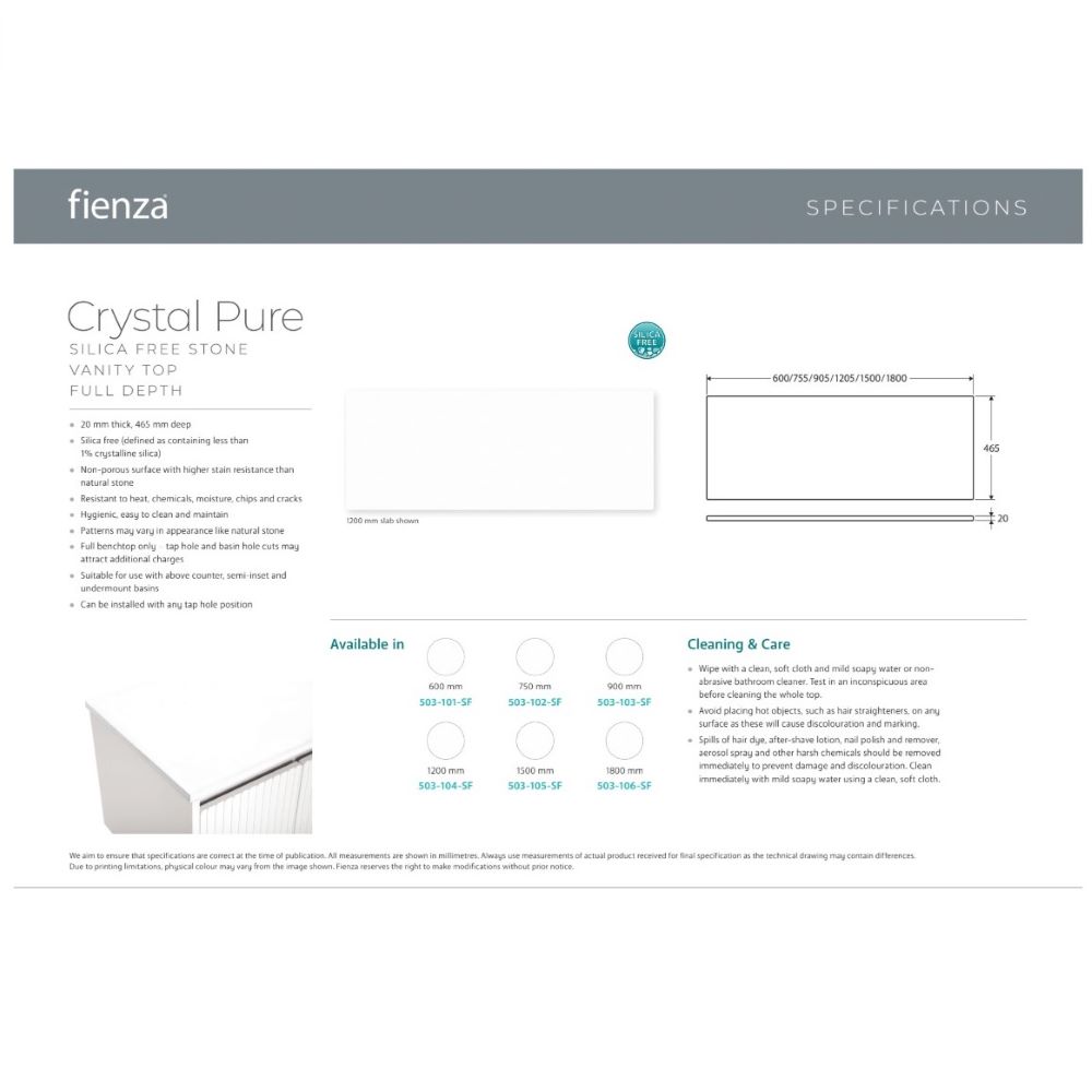 fienza crystal pure silica free stone vanity benchtop, rectangular full depth 1500mm