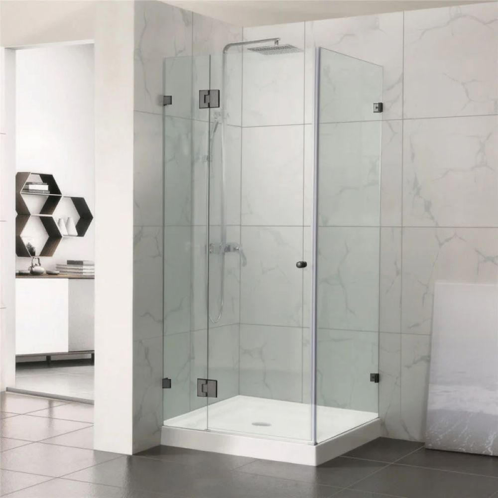 frameless square corner shower screen with hinge door, gun metal 1000 x 1000mm