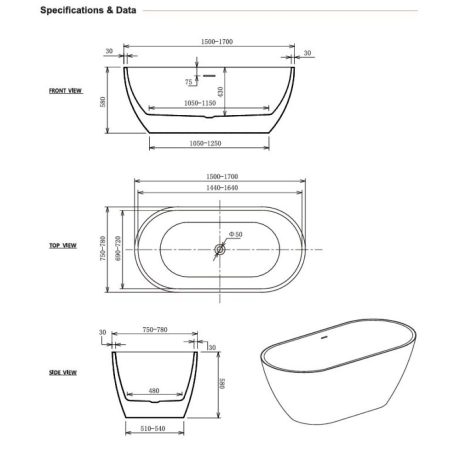 mila egg shape freestanding bath, gloss white 1700mm