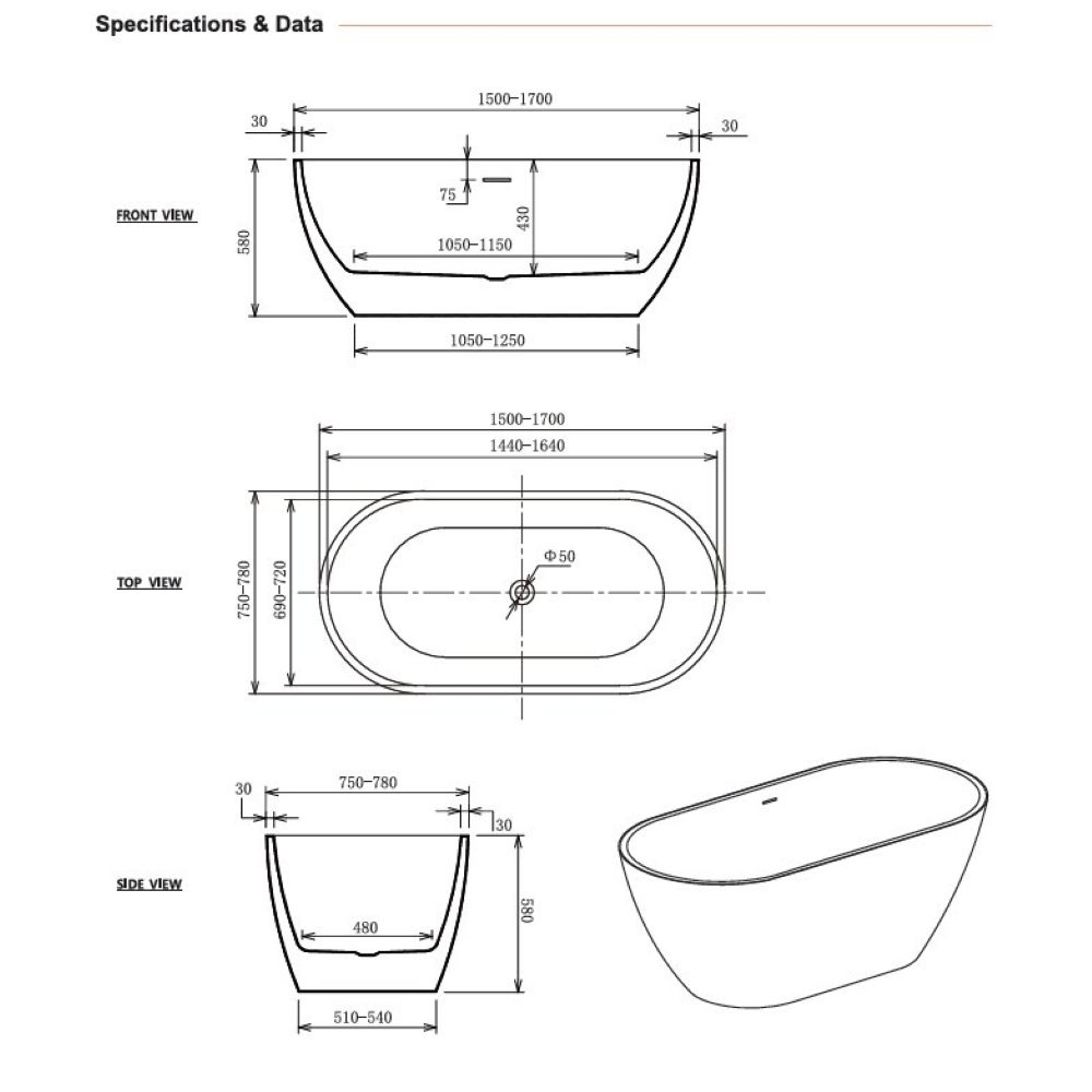 mila egg shape freestanding bath, gloss white 1700mm