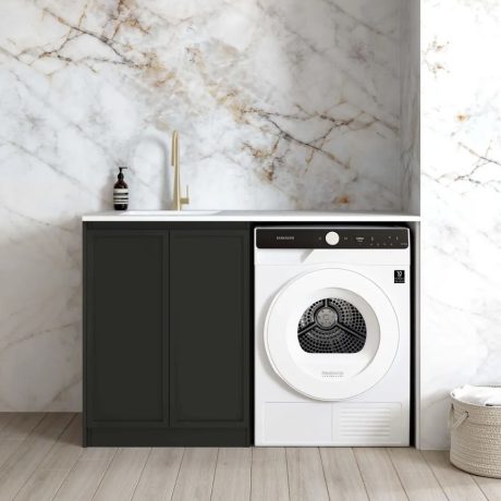 hampshire black base laundry cabinet with natural carrara marble stone top and sink 1300