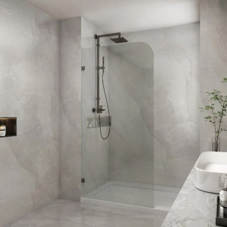frameless curved corner single panel ub shower screen, gun metal 0800mm