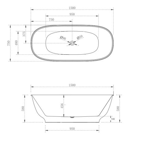 hampton freestanding bath, matte white 1500mm