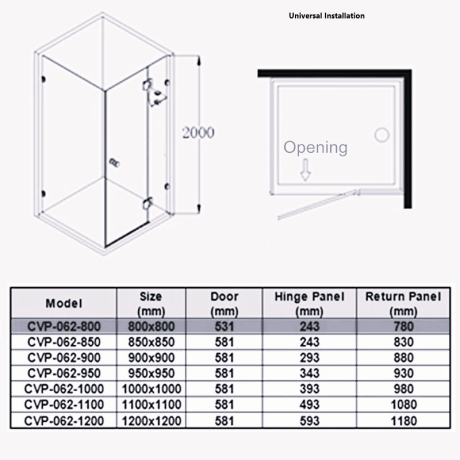 frameless square corner shower screen with hinge door, matte black 0800 x 0800mm
