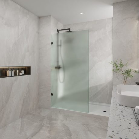 frosted walk in frameless shower screen with brackets, gun metal 1000mm