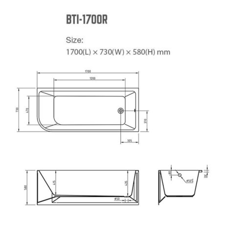 modica right corner freestanding bath, gloss white 1700mm
