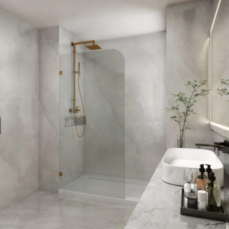 frameless curved corner single panel ub shower screen, brushed gold 0900mm