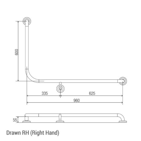 clam® flange 90° right hand accessible grab rail 960mm x 600mm