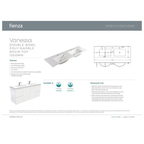 vanessa full depth double bowl poly marble basin top, gloss white 1500mm