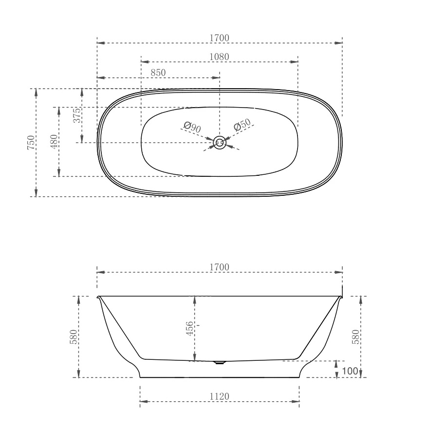 hampton freestanding bath, matte white 1700mm