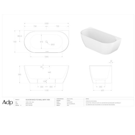 glacier back to wall bath, gloss white 1500mm