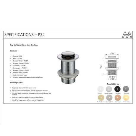 modern national pop up waste 32mm non overflow, pvd champagne