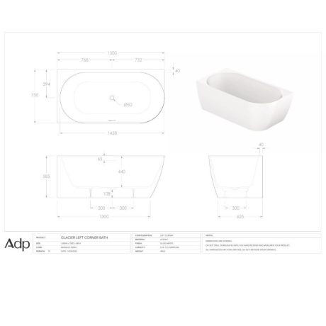 glacier left corner bath, gloss white 1500mm