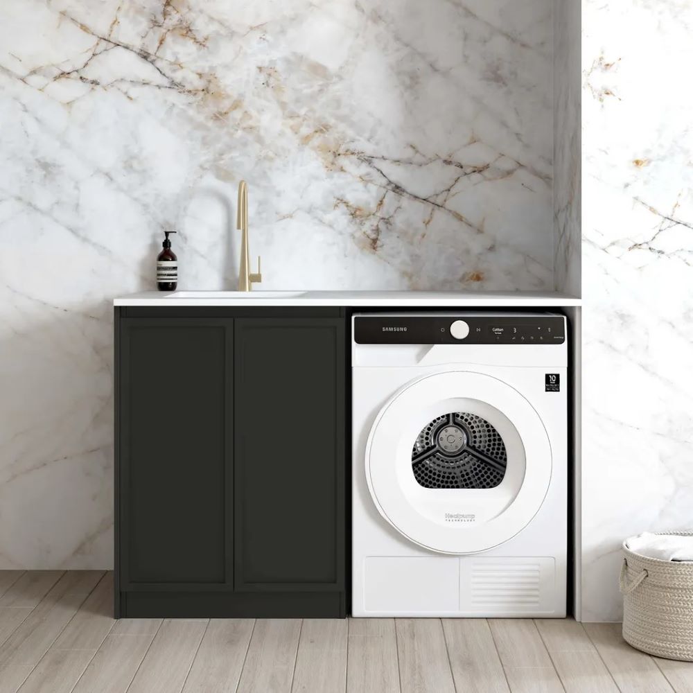 hampshire black base laundry cabinet with silica free matte white stone top and sink 1300