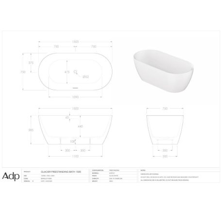 glacier freestanding bath, gloss white 1500mm