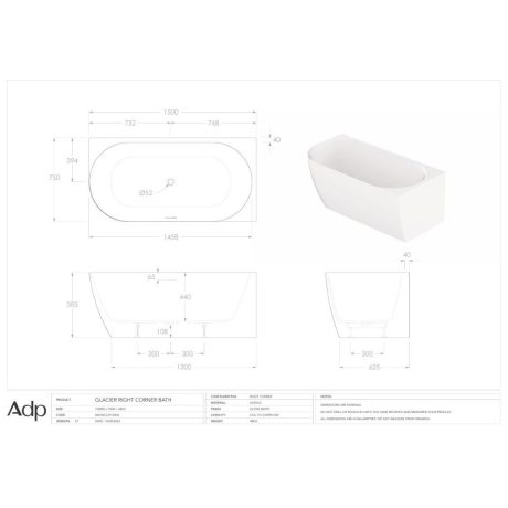 glacier right corner bath, gloss white 1500mm