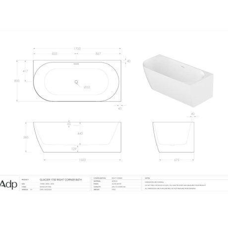 glacier right corner bath, gloss white 1700mm