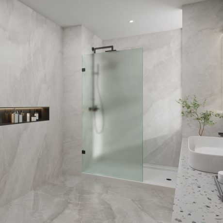 frosted walk in frameless shower screen with brackets, matte black 0900mm