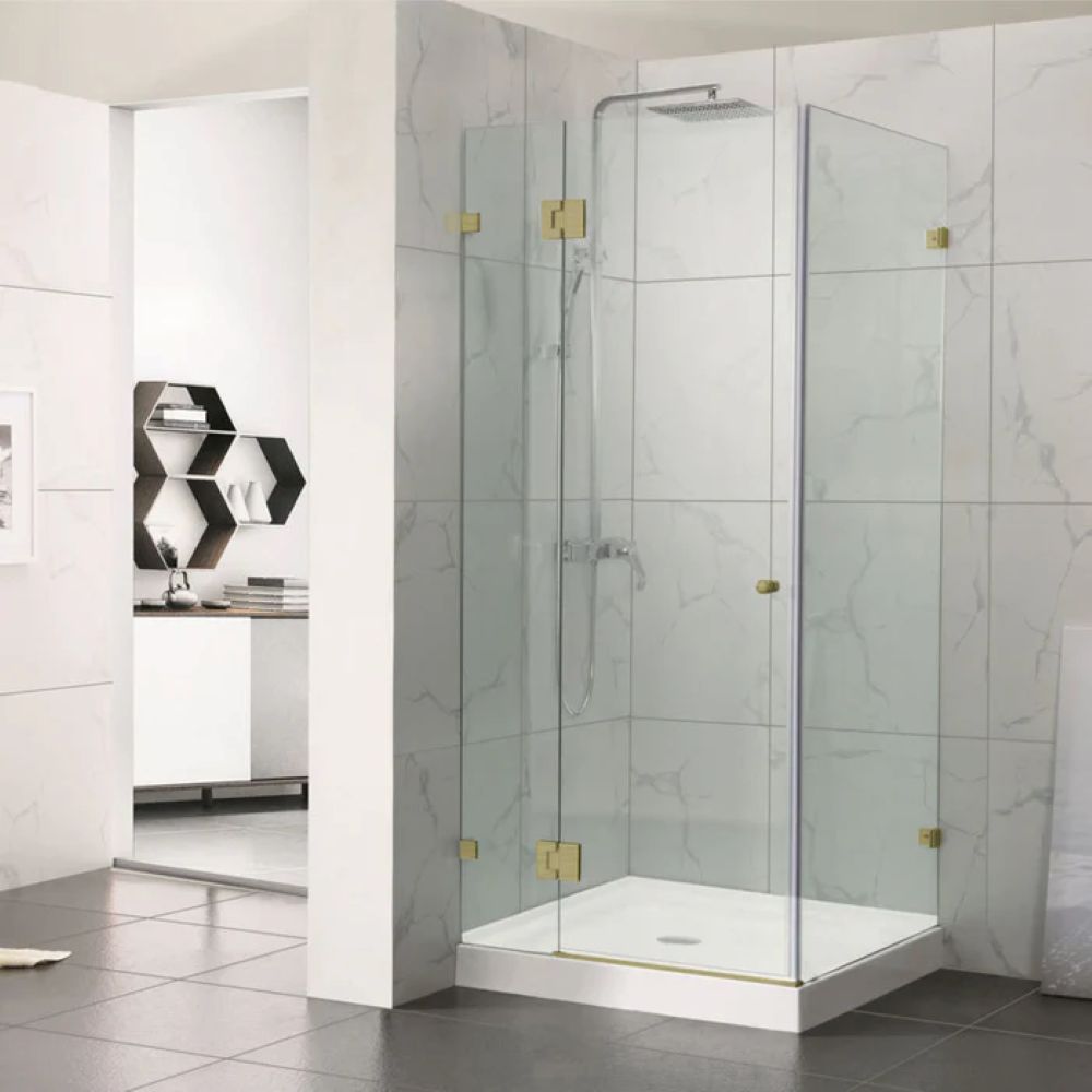 frameless square corner shower screen with hinge door, brushed gold 1000 x 1000mm